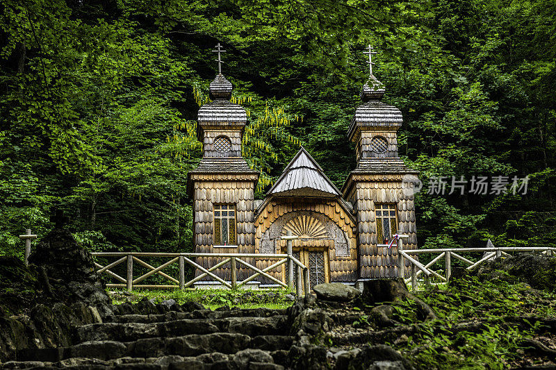 俄罗斯东正教教堂，Vršič Pass, Triglav国家公园，Gorenjska，朱利安阿尔卑斯山，斯洛文尼亚，欧洲
